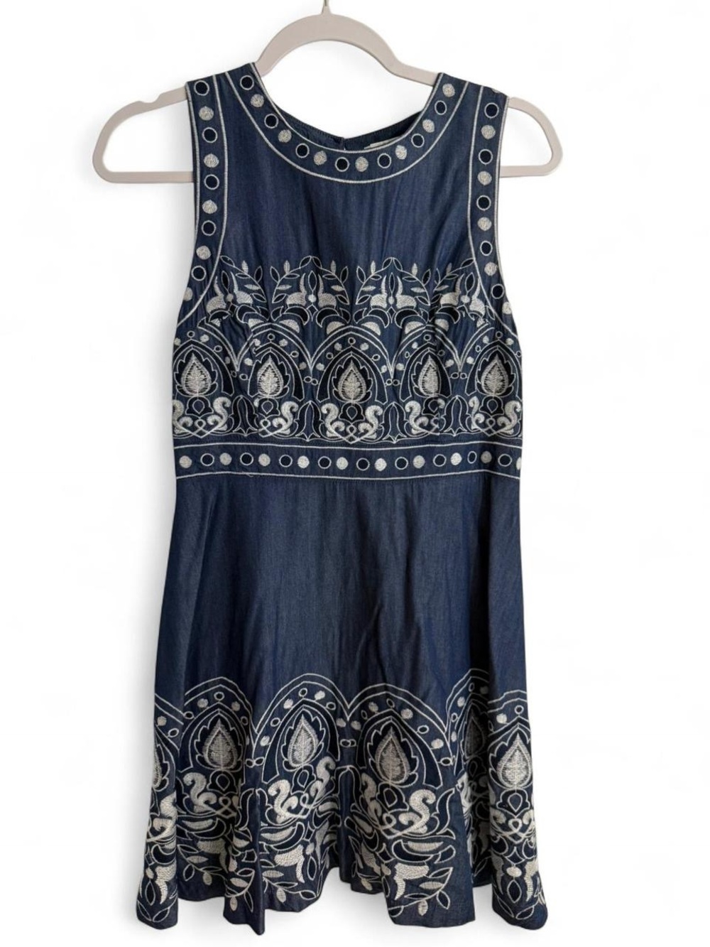 J.O.A. Navy Blue Embroidered Polka Dot Dress